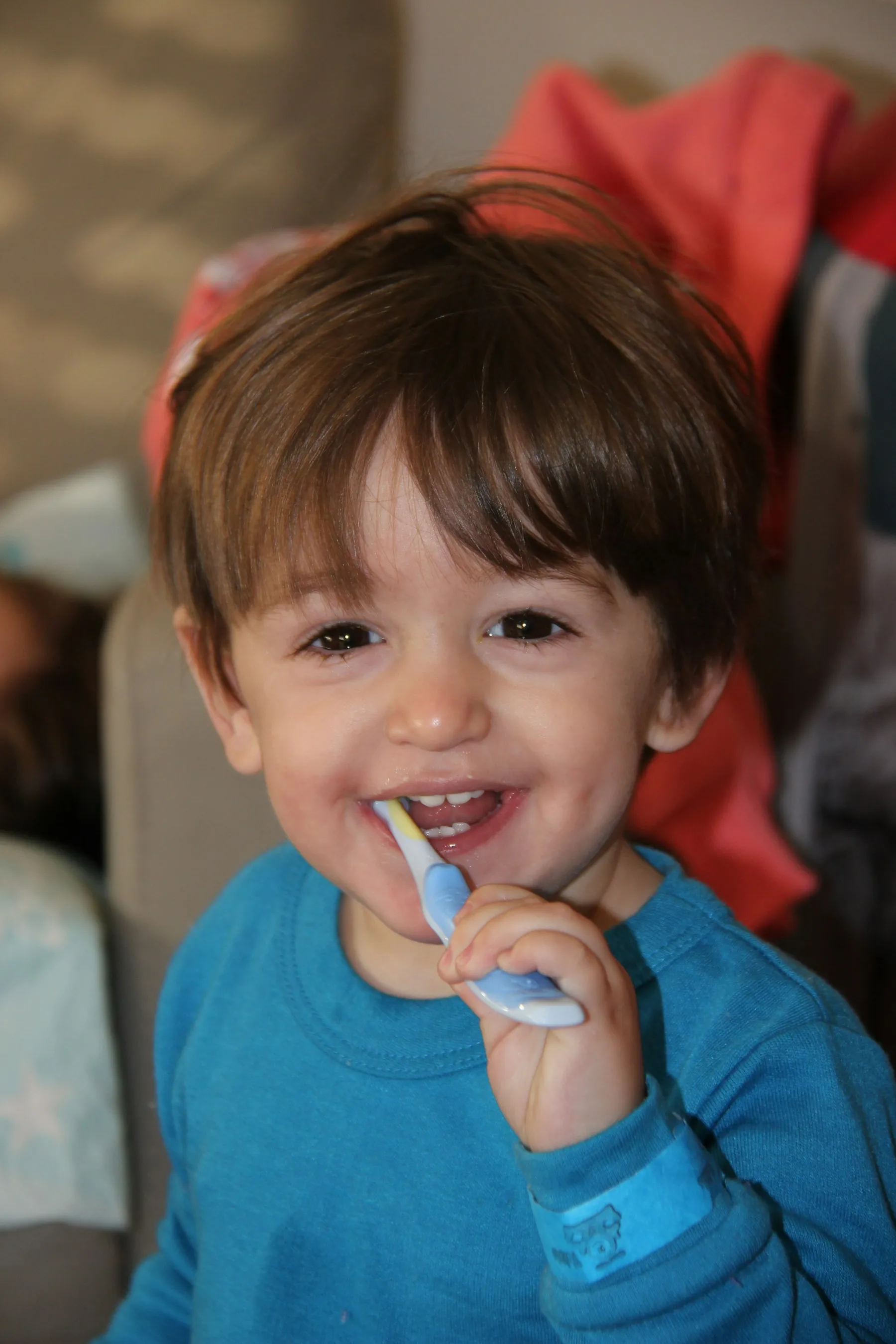 A toddler brushing their teeth